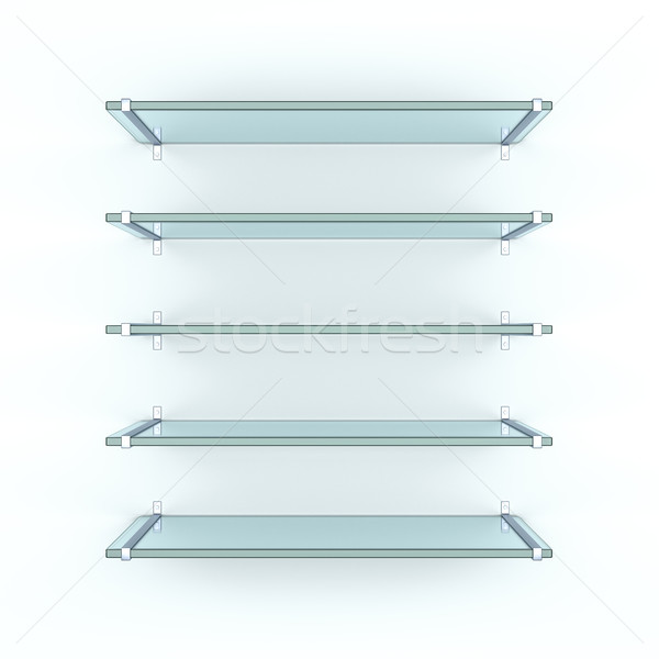 Five alike glass shelves on white wall Stock photo © cherezoff