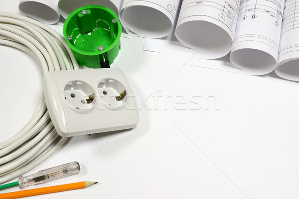 Drawing rolls, electrical hardware tools and appliances composition Stock photo © cherezoff