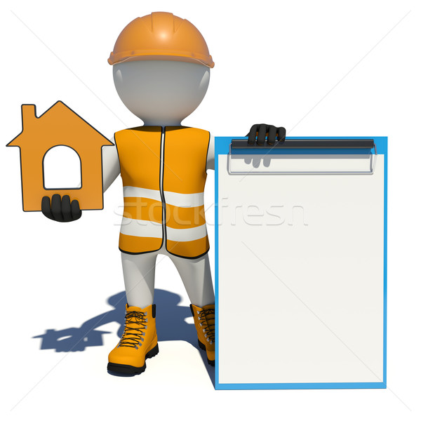 Worker in overalls holding house icon and empty clipboard. Isolated Stock photo © cherezoff