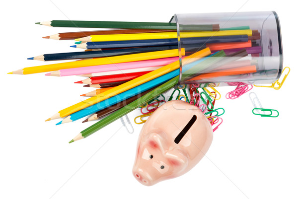 [[stock_photo]]: Tirelire · crayons · papier · argent · fond · banque