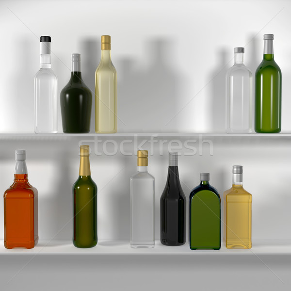 [[stock_photo]]: Bar · tablettes · bouteilles · isolé · blanche