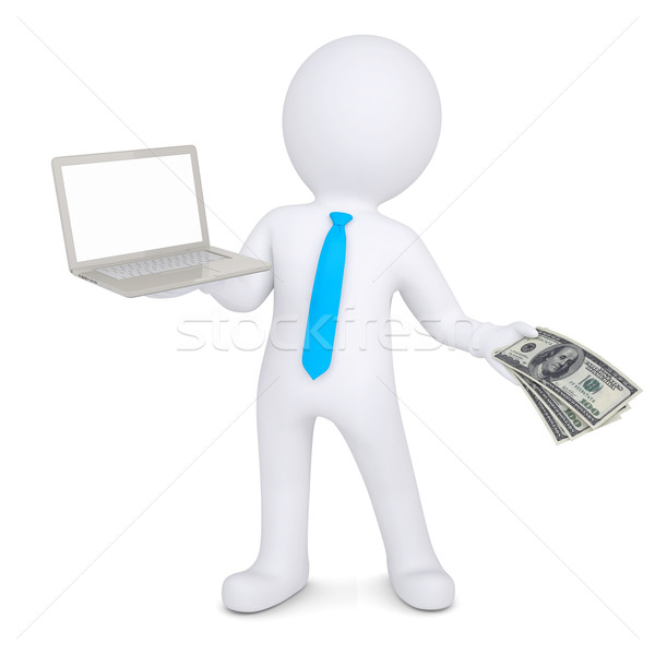 Stockfoto: 3d · man · laptop · geld · geïsoleerd · geven · witte