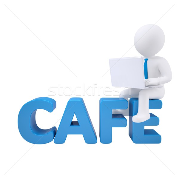 3d man with laptop sitting on CAFE Stock photo © cherezoff