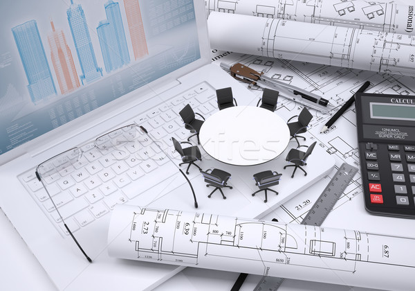 Round table, scrolled drawing, glasses, laptop, calculator and a few other tools, architectural draw Stock photo © cherezoff