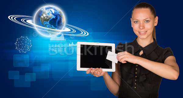 Stock photo: Businesswoman balck dress with Earth model