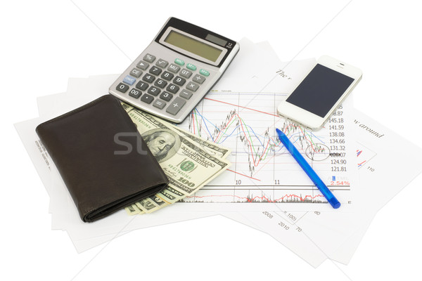 Stockfoto: Calculator · geld · telefoon · portemonnee · papieren