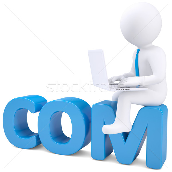 3d white man with laptop sitting on the word COM Stock photo © cherezoff