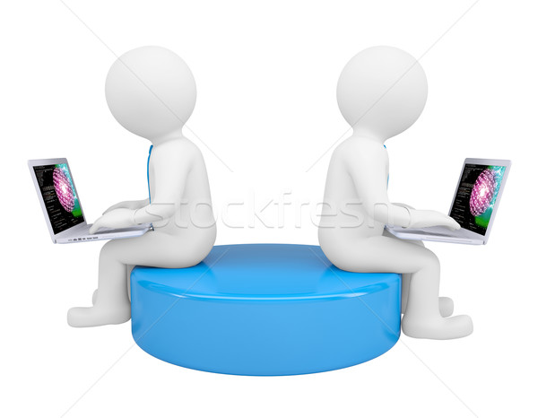 Zwei weiß 3D Mann Sitzung Laptops isoliert Stock foto © cherezoff
