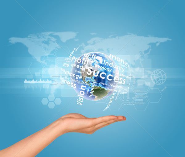 Hand holds Earth with business words. World map as backdrop Stock photo © cherezoff