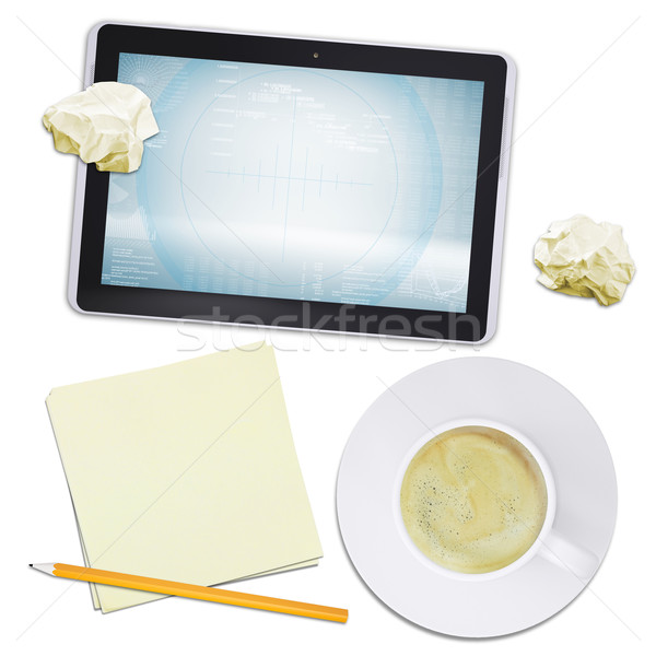 Tablet and coffee with crumpled paper, top view Stock photo © cherezoff