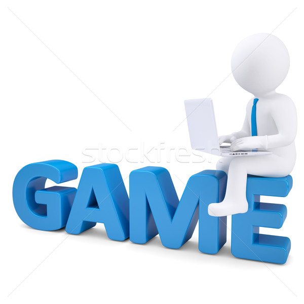 3d white man with laptop sitting on the word GAME Stock photo © cherezoff
