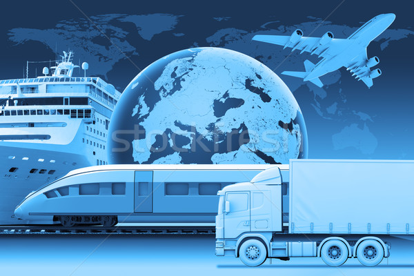 Transport with earth and world map on blue Stock photo © cherezoff