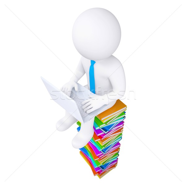 3d white man with a laptop sitting on books Stock photo © cherezoff