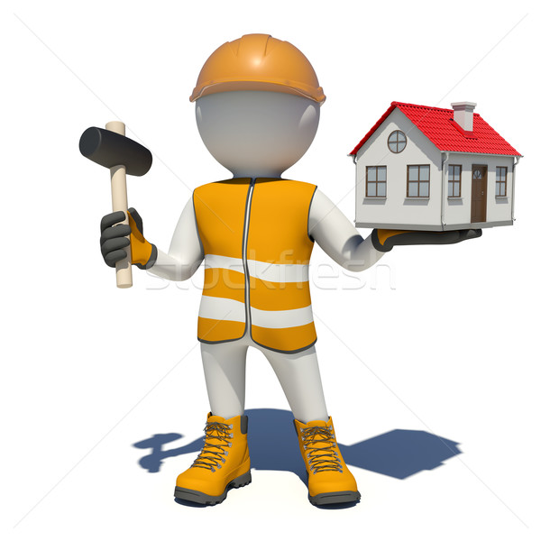 Worker in overalls holding hammer and small house. Isolated Stock photo © cherezoff