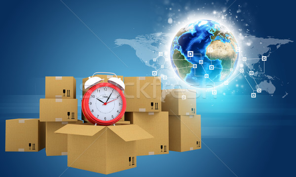 Postal boxes on them alarm clock. Backdrop of earth, gradient dark blue Stock photo © cherezoff