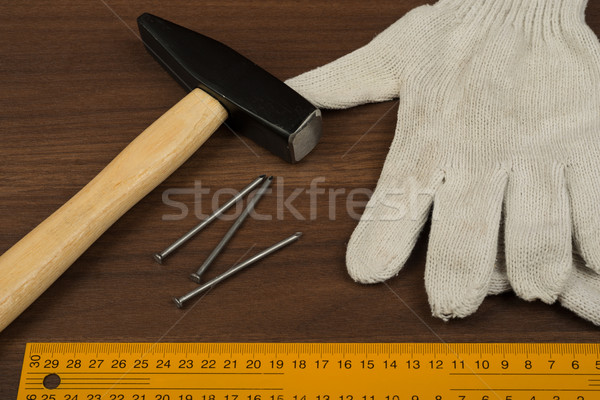 Hammer, protective gloves and ruler Stock photo © cherezoff
