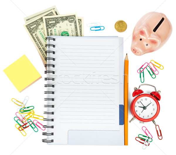 Stockfoto: Open · notebook · schrijfbehoeften · cash · geïsoleerd · witte