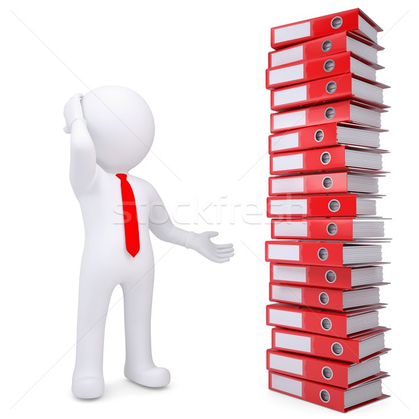 Stock photo: 3d white man next to stack of office folders