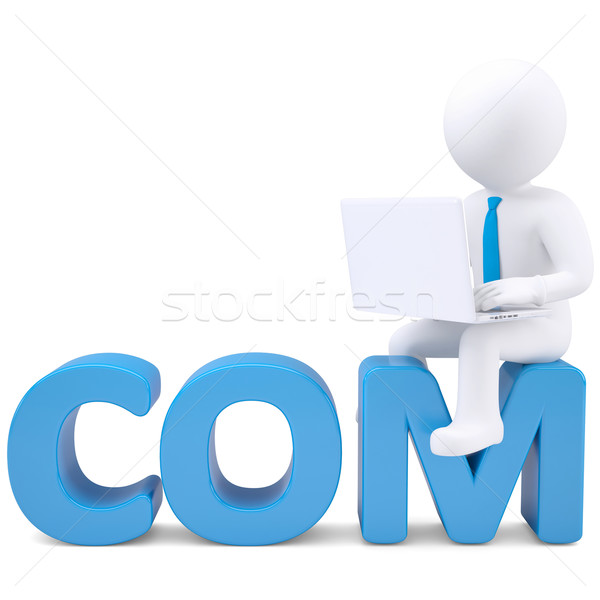 3D blanke man laptop vergadering woord geïsoleerd Stockfoto © cherezoff