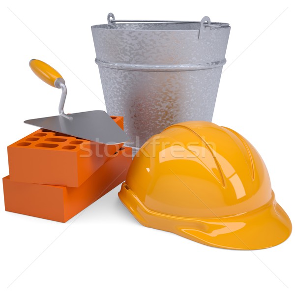 Building bricks, hard hat, trowel and a bucket Stock photo © cherezoff
