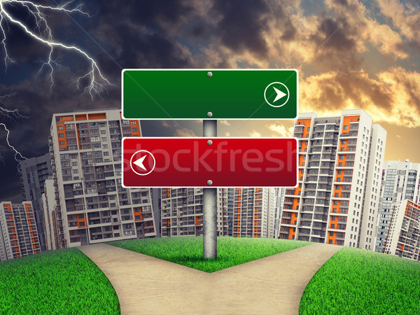 Blank route pointer against line of high-rise buildings, curved Earth Stock photo © cherezoff