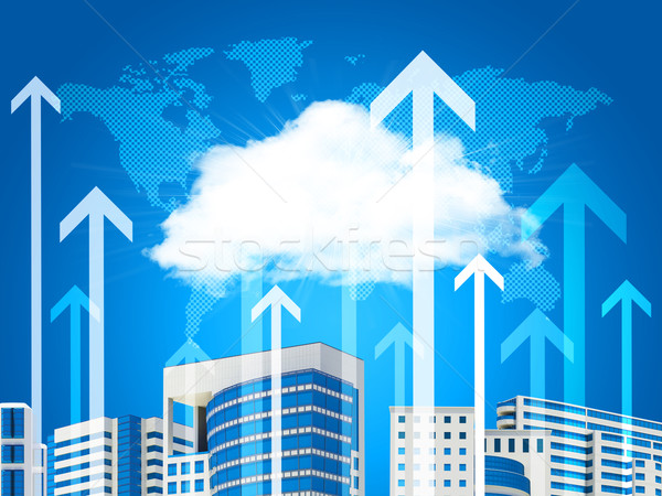 Stockfoto: Wolk · wolkenkrabbers · pijlen · wereldkaart · business · gebouw