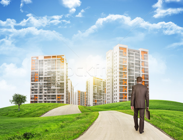 Businessman walks on road. Rear view. Buildings, grass field and sky in background Stock photo © cherezoff
