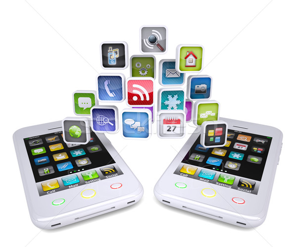 Doua alb smartphone aplicatii izolat face Imagine de stoc © cherezoff