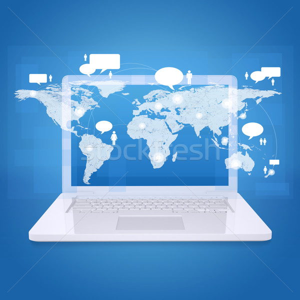 Laptop and world map with contacts Stock photo © cherezoff