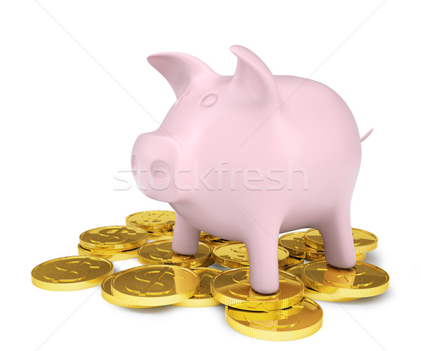 Pink piggy bank standing on a pile of coins with gold Stock photo © cherezoff