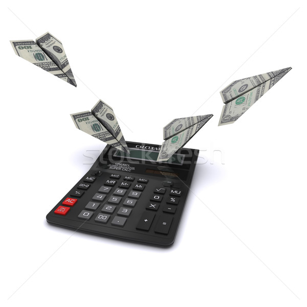 Calculator considers costs in the form of paper airplanes out of dollars. 3D rendering Stock photo © cherezoff