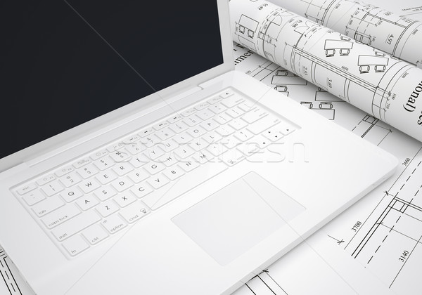 Schriftrollen architektonisch Zeichnungen Laptop Schreibtisch Architekt Stock foto © cherezoff