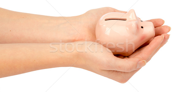 Pigggy bank in humans hands, top view Stock photo © cherezoff