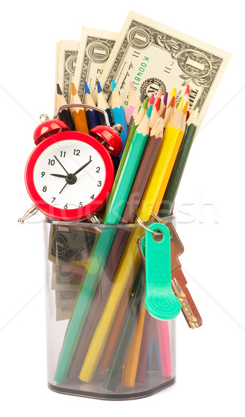 Stock photo: Alarm clock with cash and keys