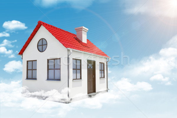 白い家 赤 屋根 煙突 雲 太陽 ストックフォト © cherezoff
