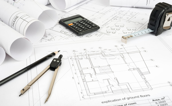 Stockfoto: Architectuur · plan · blauwdrukken · calculator · gebouw