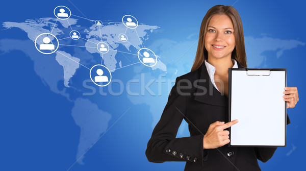 Businesswoman with world map, network and people icons Stock photo © cherezoff
