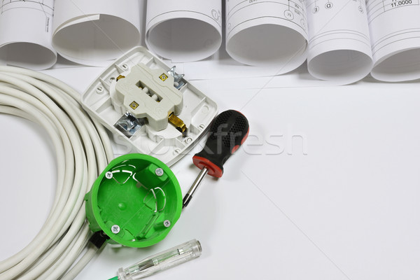 Drawing rolls, electrical hardware tools and appliances composition Stock photo © cherezoff