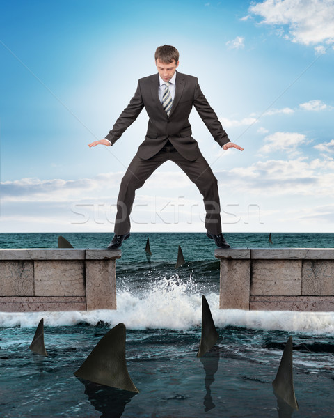 üzletember áll fölött cápák öltöny víz Stock fotó © cherezoff
