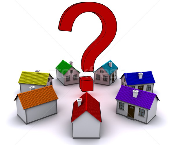 Stock photo: seven small houses around a question mark