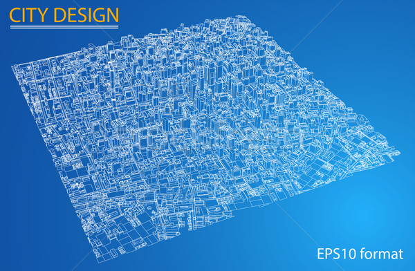 Stock photo: Wire-frame City, Blueprint Style. Vector