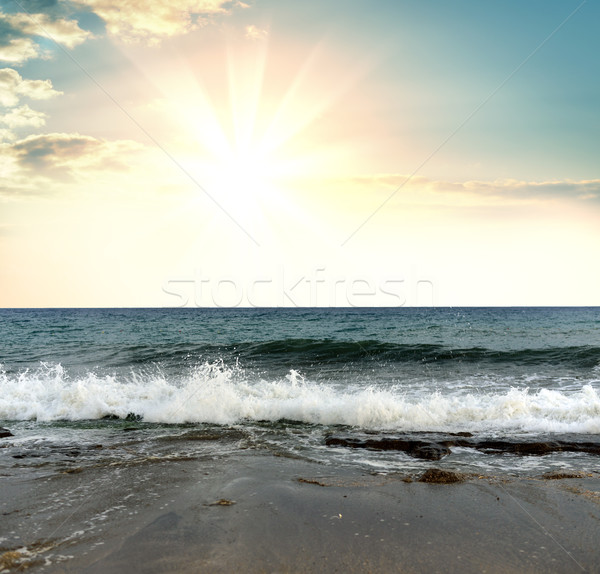 Marin sable eau mer mousse coucher du soleil Photo stock © cherezoff