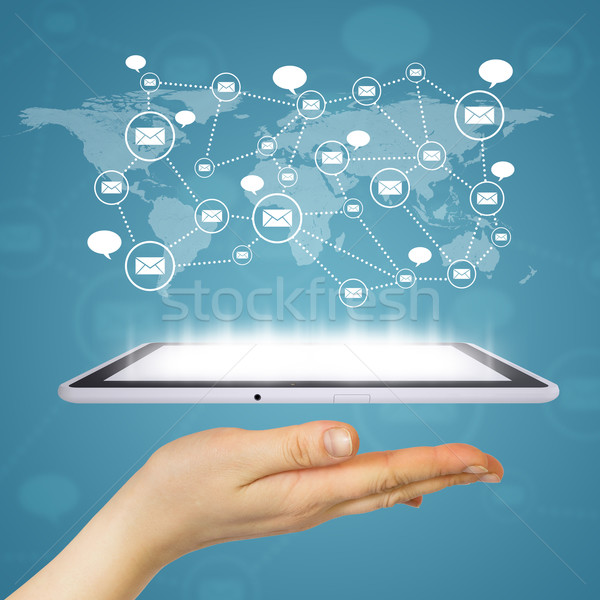 Hand, tablet pc and contacts Stock photo © cherezoff