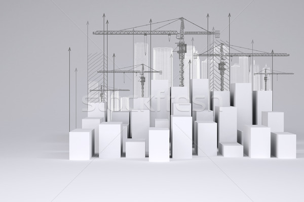 Minimalistic city of white cubes with wire-frame buildings, tower cranes and arrows up Stock photo © cherezoff
