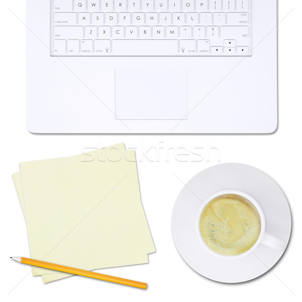 Fehér laptop levélpapír ceruza felső kilátás Stock fotó © cherezoff