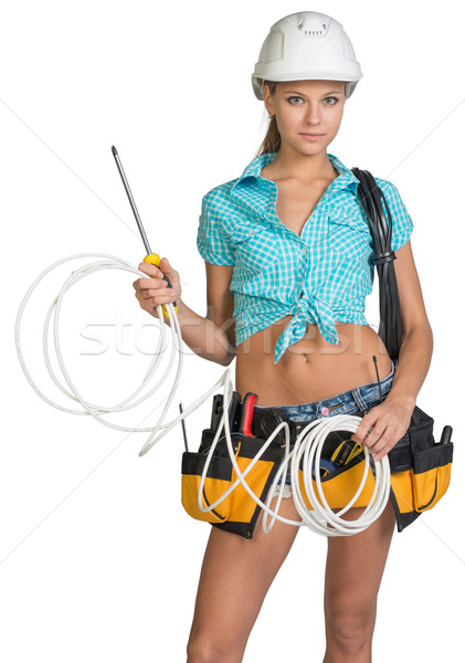 Stockfoto: Mooie · elektricien · helm · shorts · shirt · tool