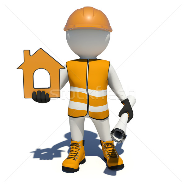 Worker in overalls holding house icon and scroll paper. Isolated Stock photo © cherezoff