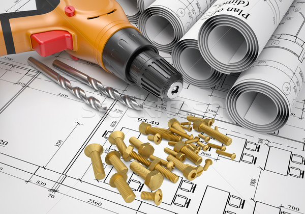 Electric screwdriver, fastening hardware, borers, scrolled drafts, architectural drawing Stock photo © cherezoff