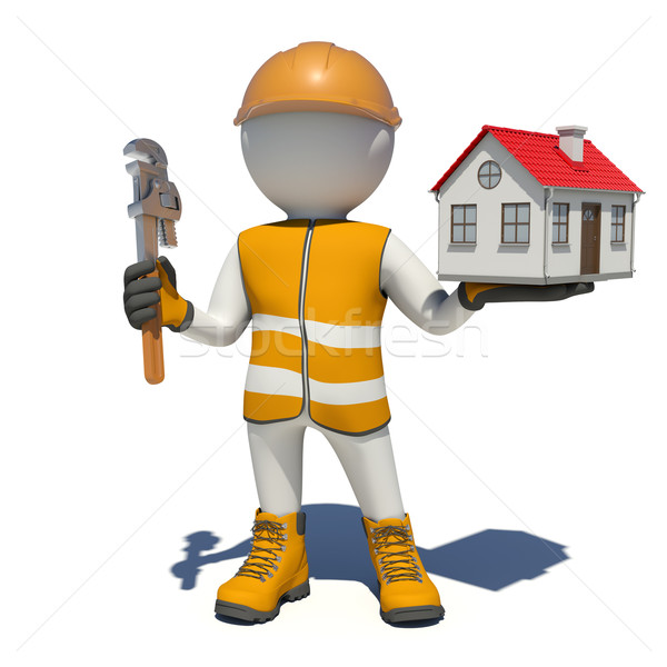 Worker in overalls holding wrench and small house. Isolated Stock photo © cherezoff