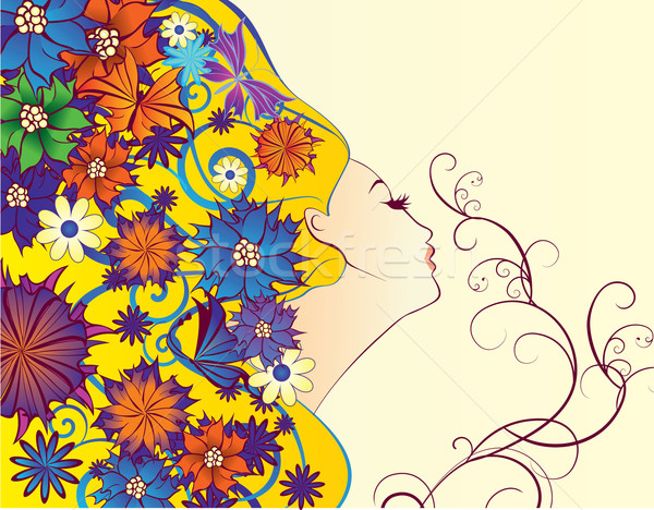 Foto stock: Vector · primavera · mujer · fantasía · perfil · flores